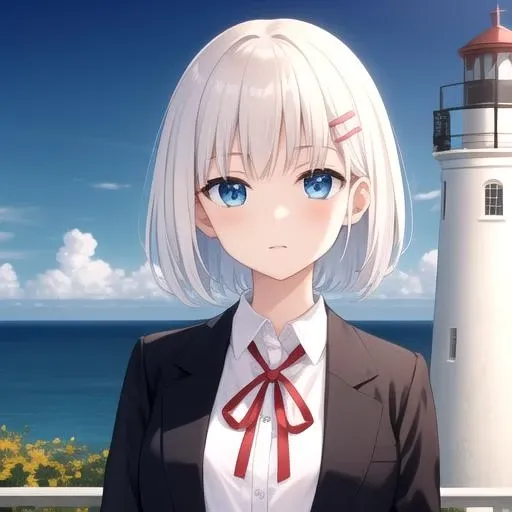 ((masterpiece)),(best quality),official art,extremely detailed CG,unity 8k wallpaper,ultra detailed,A lighthouse on a cliff by the sea,1girl,solo,upper body,(portrait:1.2),looking at viewer,tobiichi origami,aqua hair,white shirt,black jacket,blue eyes,deadpan,pleated skirt,school uniform,short hair,blue skirt,hairclip,red ribbon,white socks,loafers,<lora:Tobiichi Origami(dal)>,