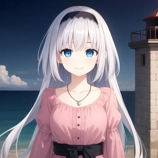 ((masterpiece)),(best quality),official art,extremely detailed CG,unity 8k wallpaper,ultra detailed,A lighthouse on a cliff by the sea,1girl,solo,upper body,(portrait:1.2),looking at viewer,arusu maria,pink dress,necklace,black thighhighs,blue eyes,hairband,long hair,silver hair,smile,<lora:Arusu Maria(dal)>,