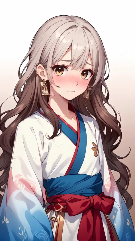 Upper body focus, (close up:1.1), (wavy hair:1.2), (Very long hair:1.3), (Red layer), (Aesthetic medium chest:1.2), masterpiece, best quality, Solo, hair above cheeks, diamond earrings, (hanfu, Lehenga choli, Circle dress:1.2), Anime print on clothes, White clothes, (Embarrassed:1.3), (Nose blush:1.3), (Small chest:1.1), (Brown hair:1.5), (white hair:1.4), (gradient hair:1.4), (Highlighting:1.3), <lora:YutaMix-Extra-hair-enhancer:0.5>