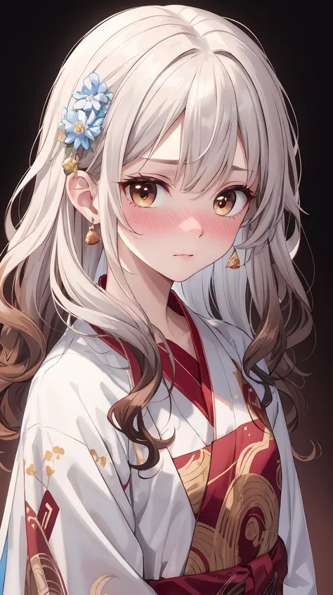 Upper body focus, close up, (wavy hair:1.2), (Very long hair:1.3), (Red layer), (Aesthetic medium chest:1.2), masterpiece, best quality, Solo, hair above cheeks, diamond earrings, (hanfu, Lehenga choli, Circle dress:1.2), Anime print on clothes, White clothes, (Embarrassed:1.3), (Nose blush:1.3), (Small chest:1.1), (Brown hair:1.5), (white hair:1.4), (gradient hair:1.4), (Highlighting:1.2), Close up, <lora:YutaMix-Extra-hair-enhancer:0.5>