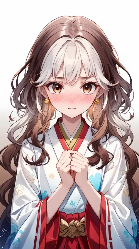 Upper body focus, (close up:1.1), (wavy hair:1.2), (Very long hair:1.3), (Red layer), (Aesthetic medium chest:1.2), masterpiece, best quality, Solo, hair above cheeks, diamond earrings, (hanfu, Lehenga choli, Circle dress:1.2), Anime print on clothes, White clothes, (Embarrassed:1.3), (Nose blush:1.3), (Small chest:1.1), (Brown hair:1.5), (white hair:1.4), (gradient hair:1.4), (Highlighting:1.3), <lora:YutaMix-Extra-hair-enhancer:0.5>