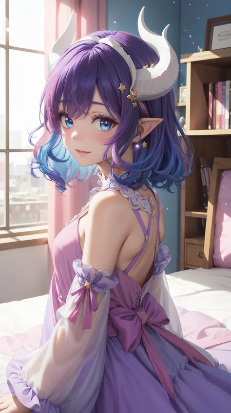 (Close up:1.0), (Wavy hair:1.2), (Assymetric chiffon gown:1.5), (Horny:1.3), (Facing_viewer:1.5), (shy), (Innocent:1.5), (Yuta:1.0), (circle gown:1.5), (Long sleeves:1.4), (fluffy sleeves:1.4), (Wide sleeves:1.3), less light, (star accessory on gown:1.4), (light blue layer 1.4), (hair accessory:1.3), (layered:1.5), (point particles:1.5), (hair pins:1.3), (on wind:1.5), Medium hair, small breast, POINTY EARS, smoothing, (Hear jewel hair ornament:1.3), (beautiful:1.2), (blue eyes), space eyes, HD, extra detailed, smile, (Cute:1.1), (room background:1.4), (Pink walls:1.4), (computer table:1.2), (bed:1.4), (toys in closet:1.3), (window:1.3), transparent Pink curtains, (solo:1.5), (Light Pink hair:1.6), hair above cheeks:1.5), masterpiece, best quality, (white dragon horns:1.3), masterpiece, best quality, Small Medium chest, (Purple idol gown:1.4), (Bokeh:1.2), (Blue hair:1.5), <lora:YutaMix-Extra-hair-enhancer:0.5>
