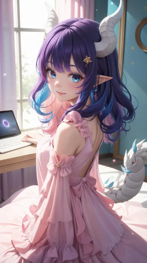 (Close up:1.0), (Wavy hair:1.2), (Assymetric chiffon gown:1.5), (Horny:1.3), (Facing_viewer:1.5), (shy), (Innocent:1.5), (Yuta:1.0), (circle gown:1.5), (Long sleeves:1.4), (fluffy sleeves:1.4), (Wide sleeves:1.3), less light, (star accessory on gown:1.4), (light blue layer 1.4), (hair accessory:1.3), (layered:1.5), (point particles:1.5), (hair pins:1.3), (on wind:1.5), Medium hair, small breast, POINTY EARS, smoothing, (Hear jewel hair ornament:1.3), (beautiful:1.2), (blue eyes), space eyes, HD, extra detailed, smile, (Cute:1.1), (room background:1.4), (Pink walls:1.4), (computer table:1.2), (bed:1.4), (toys in closet:1.3), (window:1.3), transparent Pink curtains, (solo:1.5), (Light Pink hair:1.6), hair above cheeks:1.5), masterpiece, best quality, (white dragon horns:1.3), masterpiece, best quality, Small Medium chest, (Purple idol gown:1.4), (Bokeh:1.2), (Blue hair:1.5), <lora:YutaMix-Extra-hair-refiner:0.5>