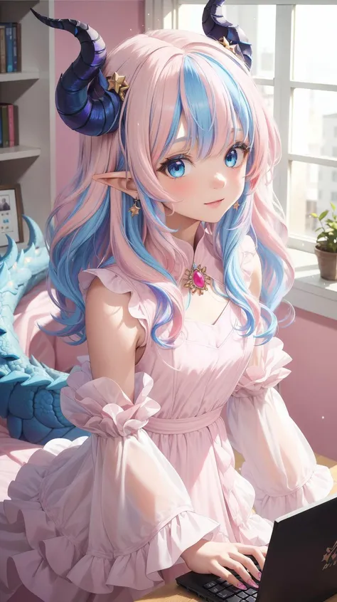 (Upper body focus:1.3), (Close up:1.5), (Wavy hair:1.2), (Assymetric chiffon gown:1.5), (Horny:1.3), (Facing_viewer:1.5), (shy), (Innocent:1.5), (Yuta:1.0), (circle gown:1.5), (Long sleeves:1.4), (fluffy sleeves:1.4), (Wide sleeves:1.3), less light, (star accessory on gown:1.4), (light blue layer 1.4), (hair accessory:1.3), (layered:1.5), (point particles:1.5), (hair pins:1.3), (on wind:1.5), Medium hair, small breast, POINTY EARS, smoothing, (Hear jewel hair ornament:1.3), (beautiful:1.2), (blue eyes), space eyes, HD, extra detailed, smile, (Cute:1.1), (room background:1.4), (Pink walls:1.4), (computer table:1.2), (bed:1.4), (toys in closet:1.3), (window:1.3), transparent Pink curtains, (solo:1.5), (Light Pink hair:1.7), hair above cheeks:1.5), masterpiece, best quality, (white dragon horns:1.3), masterpiece, best quality, Small Medium chest, (Bokeh:1.2), (Blue hair:1.3), <lora:YutaMix-Extra-hair-refiner:0.5>, (Highlighting:1.5), (Purple idol gown:1.2)