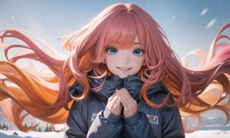ultra high res, best quality, depth of field, from below, 1girl, face close-up, curly hair, long hair, (orange hair:1.1), (pink hair), gradient hair , blue eyes, smile, teeth, (hands on head:1.1), looking down, cotton-padded jacket in grey, (snowy mountains),(strong winds:1.2),
<lora:YutaMix-Extra-hair-refiner:0.5>,highlighting