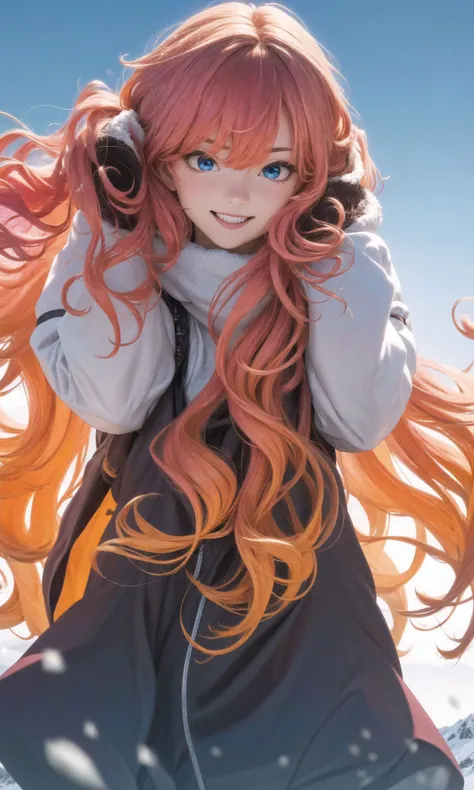 ultra high res, best quality, depth of field, from below, 1girl, face close-up, curly hair, long hair, (orange hair:1.1), pink hair, gradient hair , highlighting, blue eyes, smile, teeth, (hands on head:1.1), looking down, cotton-padded jacket in grey, (snowy mountains),(strong winds:1.2),
<lora:YutaMix-Extra-hair-refiner:0.5>,