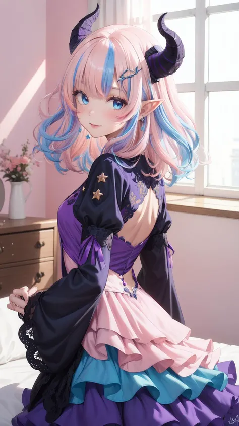 Upper body focus, (Close up:1.0), (Wavy hair:1.2), (Assymetric chiffon gown:1.5), (Horny:1.3), (Facing_viewer:1.5), (shy), (Innocent:1.5), (Yuta:1.0), (circle gown:1.5), (Long sleeves:1.4), (fluffy sleeves:1.4), (Wide sleeves:1.3), less light, (star accessory on gown:1.4), (light blue layer 1.4), (hair accessory:1.3), (layered:1.5), (point particles:1.5), (hair pins:1.3), (on wind:1.5), Medium hair, small breast, POINTY EARS, smoothing, (Hear jewel hair ornament:1.3), (beautiful:1.2), (blue eyes), space eyes, HD, extra detailed, smile, (Cute:1.1), (room background:1.4), (Pink walls:1.4), (computer table:1.2), (bed:1.4), (toys in closet:1.3), (window:1.3), transparent Pink curtains, (solo:1.5), (Light Pink hair:1.7), hair above cheeks:1.5), masterpiece, best quality, (white dragon horns:1.3), masterpiece, best quality, Small Medium chest, (Purple idol gown:1.4), (Bokeh:1.2), (Blue hair:1.4), <lora:YutaMix-Extra-hair-refiner:0.5>
