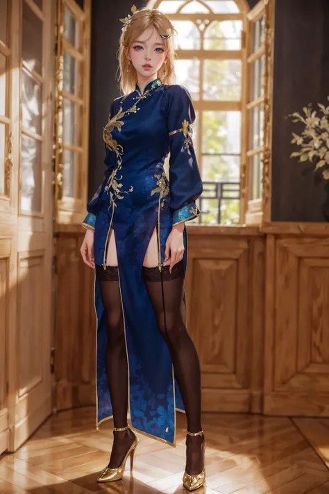 highres,absurdres,masterpiece,best quality,original,extremely detailed CG,extremely detailed wallpaper,perfect lighting,looking at viewer,bare hands,1girl,blurry background,standing on stage,
<lora:lostark_lusanna:0.6>, lusanna,blond hair,blue dress,blue qipao,hairpin,black stocking,gold stilettos,
