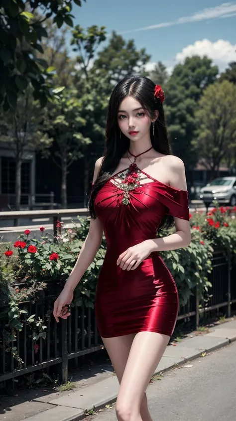 highly insanely detailed, masterpiece, top quality, best quality, highres, 4k, 8k, RAW photo, (very aesthetic, beautiful and aesthetic), red long dress
