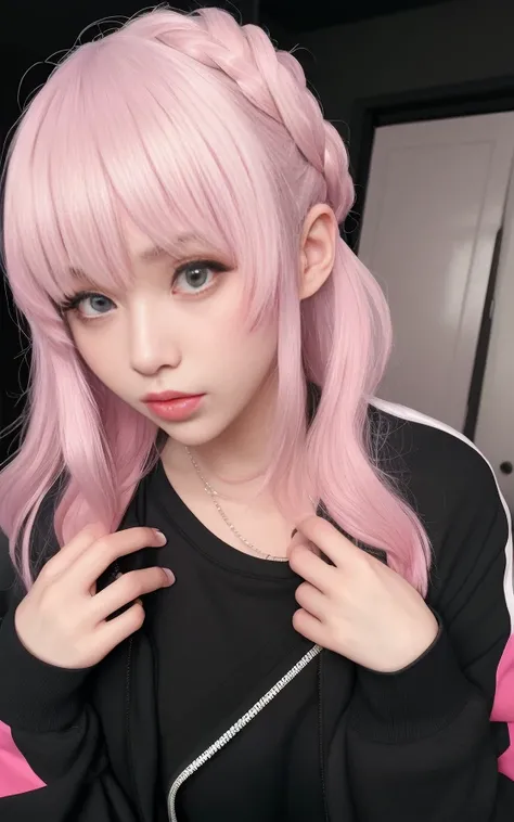 coldgirl, <lora:coldgirl_v1:0.5>, RAW photo, a portrait of sxeyez, <lora:hitoriGotohBocchiThe_v1:1.5>, (pink hair: 3) , gotou, hair ornament, cube hair ornament, track jacket , (high detailed skin:1.2), 8k uhd, dslr, soft lighting, high quality, film grain, Fujifilm XT3