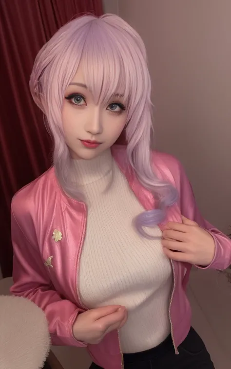 coldgirl, <lora:coldgirl_v1:0.8>, RAW photo, a portrait of sxeyez, (pink hair: 3) , gotou, hair ornament, cube hair ornament, track jacket , (high detailed skin:1.2), 8k uhd, dslr, soft lighting, high quality, film grain, Fujifilm XT3