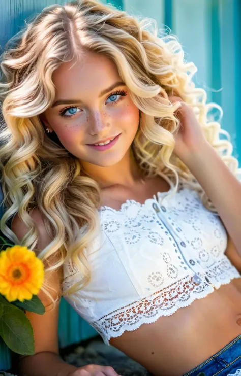 awe inspiring full body photography of a pretty seductive woman,25 years old,white lace crop top,micro low_rise denim skirt,smile,full body photo portrait,dynamic lighting,long blond hair,loose curls in hair,hair pulled to one side,perfect blue eyes,laying in bright multi_color flowers,from a distance,bokeh,red flower in hair,style by Dan Winters,bold colors,sunlight,freckles,Ultra-HD-details,detailed eyes,