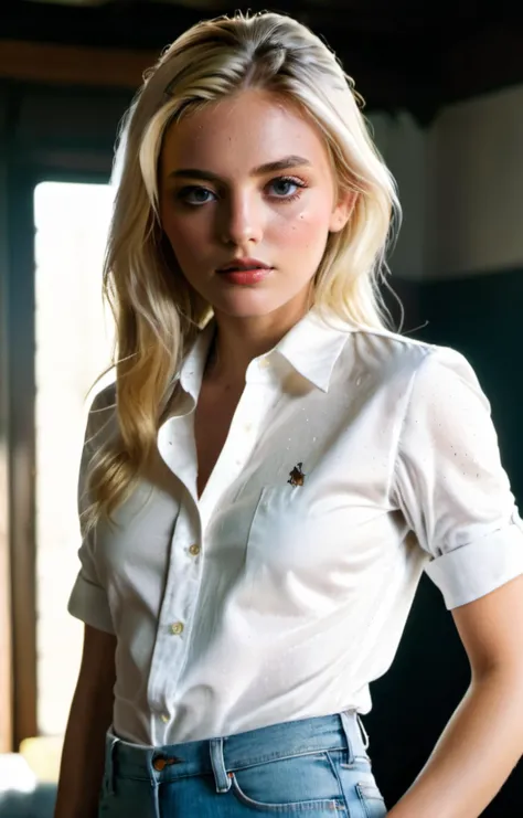 Hyperrealistic art unbuttoned shirt,1girl,blondie,<lora:Jenn4More:0.75>,jenn4more,girl, Hyperrealistic art cinematic film still photography in the style of detailed hyperrealism photoshoot, style by Dan Winters,RAW photography,film grain,(indistinguishable from reality:1.4),photo taken with a Bolex H16, Thorough,analog style,female focus,highest quality,(highly detailed skin),perfect face,skin pores,(bokeh:0.6),sharp focus,dappled lighting,(backlighting:0.7),film grain,photographed on a Sony A7R IV,18mm F/1.7 cine lens,(highly detailed, intricately detailed),8k,HDR,front view,(full body visible:1.2), Full Body Photograph,Full Body Portrait, Full Body Visible, From a Distance,, Hyperrealistic art cinematic film still photography in the style of detailed hyperrealism photoshoot,RAW,color graded portra 400 film,remarkable color,realistic dull skin noise,Thorough,analog style,highest quality,skin pores,sharp focus,dappled lighting,film grain,photographed on a Sony A7R IV,18mm F/1.7 cine lens,(highly detailed, intricately detailed),8k,HDR, . Extremely high-resolution details, photographic, realism pushed to extreme, fine texture, incredibly lifelike