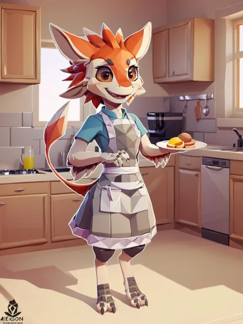 low-poly style an avali in the kitchen making breakfast, smiling happily, wearing only an apron<lora:Avali-XL-2.0:1> . low-poly game art, polygon mesh, jagged, blocky, wireframe edges, centered composition