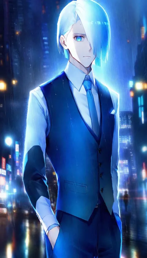 1boy, looking at viewer, serious, white hair, blue eyes, rain, night, dark, city, business suit, open vest, hair over one eye, portrait,
best quality, masterpiece,