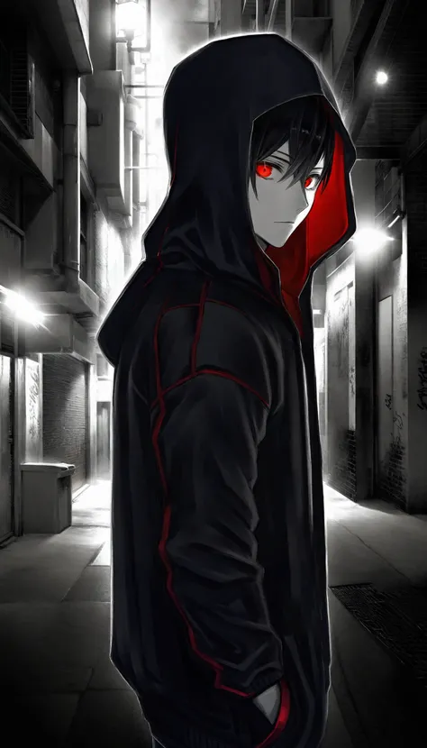 1boy, black hair, red eyes, from side, night, dark, hood, alley, looking at viewer, hoodie, (spot color:0.7), (monochrome:1.2), empty eyes,
best quality, masterpiece,
