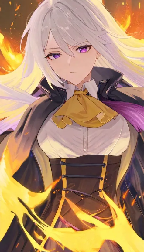 1girl, small breasts, yellow ascot, white shirt, corset, black coat, open coat, (long coat:1.2), cape, long hair, white hair, purple eyes, floating hair, from below, looking at viewer, serious, cowboy shot, fire, light particles