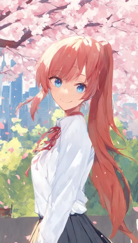 1girl, looking at viewer, smile, closed mouth, red hair, blue eyes, white shirt, pleated skirt, school uniform, ponytail, cherry blossoms, cowboy shot, cityscape, upper body, masterpiece, best quality