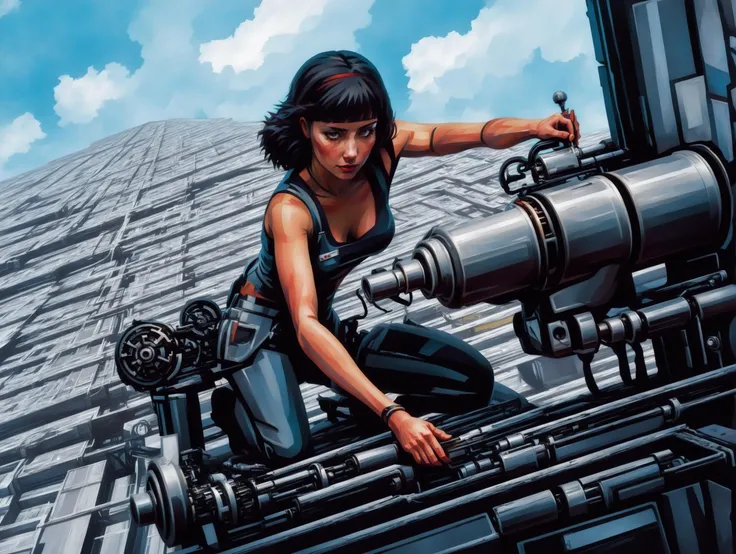 (closeup of 1 woman, she is  repairing a machine, she wearing mechanic's clothes), she is at the top of a building corner. perfect composition, masterpiece, best quality, [:cinematic lighting:.35], Digital art of  <lora:tag is mgcgeomrkr:1.5> , fusion with the art style of  <lora:concept_art_syd_mead:1.5>