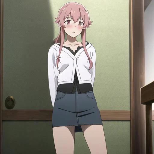 (masterpiece, best quality, high resolution),<lora:gasaiYunoV2:1>,gasai yuno,blush,(white cardigan, black shirt, denim skirt, loafers),