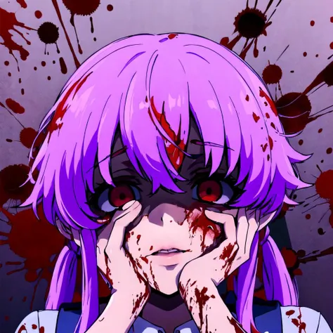best quality, megami magazine, face focus, solo,
<lora:gasaiYunoV2:1> (gasai yuno:1.2), school uniform, blue shirt, (blood on face, blood on hair, blood on clothes, blood on hands, blood splatter:1.5), excessive return blood, blood, (glowing eyes:1.2),
simple background,ultra detailed, anime keyvisual, pointy nose,
<lora:yandereTrance:1:pose> yandere trance, <lora:EmptyEyes_Diffuser_v10:1> <lora:shaded_v10:0.5>, <lora:blue_theme_v10:1>