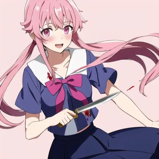 score_9, score_8_up, score_7_up, source_anime, 1girl, solo, yuno gasai, long hair, pink eyes, pink hair, smile, low twintails, serafuku, white sailor collar, short sleeves, shirt, blue shirt, skirt, blue skirt, bow, bowtie, red bowtie, standing, blood, bloodstained, evil eyes, laughing, evil laughter holding a axe, gripping axe with two hands, evil glare, looking at you, indoor, night dark