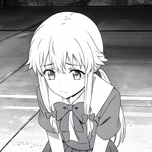 <lora:gasaiYunoV2>,gasai yuno,school uniform,blue shirt,blue skirt,bow,<lora:animeoutlineV4_16:1>,monochrome,line art,1girl,solo,school,thinking,worried,looking up,hand on chin,