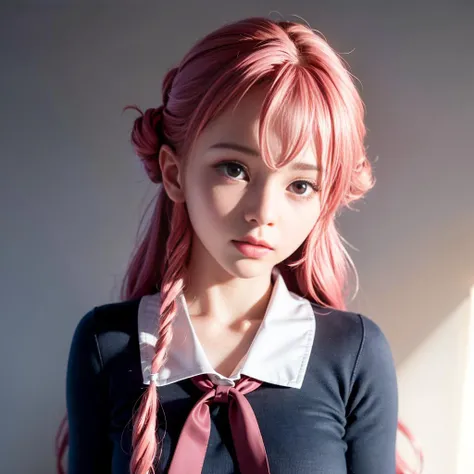 (masterpiece, best quality:1), (photorealistic:1.2), (detailed face:1), ultra detailed, 8k, intricate details, hiqcg, 1girl, solo,anime, pretty, looking at viewer, (perfect pink eyes:1.0), pink hairs, crazy expression, blood, full body, pose, (gasai yuno:1.5), yunouniform, uniform dress, cinematic lighting, depth of field, catastrophe, school