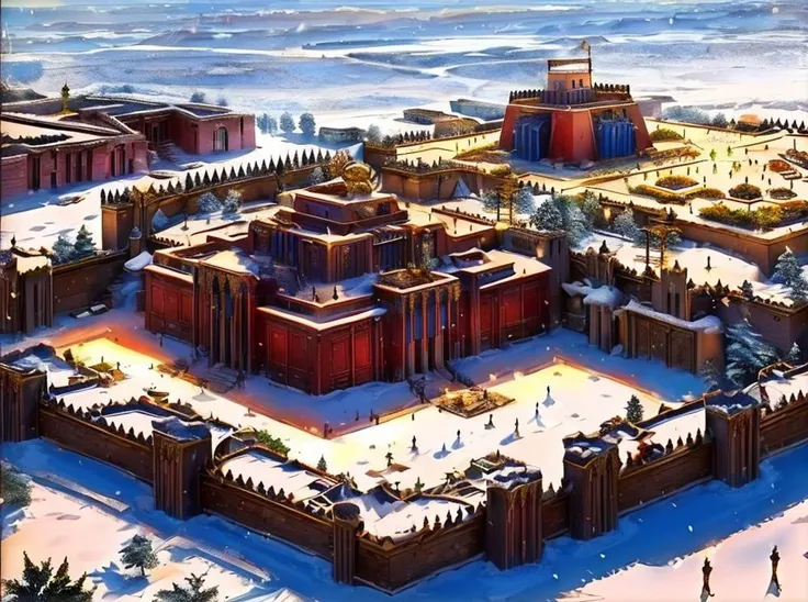 <lora:christmas_test:0.85> <lora:SumerianArchitecture:0.8> sumerian, scenery, building, temple, ziggurat, pyramid, palace, monumental architecture, city, cityscape, nisroch, <lora:snow_slider:0.85>, (inside of a palace:1.5), floofytite,