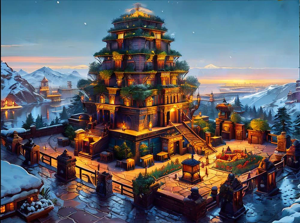 finetune, isometric, landscape, anime,
(uploaded and trending on imgur, pixiv, furaffinity, pinterest, e621, inkbunny, tumblr, deviantart, artstation, ),
(in the style of and art by Thomas Kinkade, midjourney, greg rutkowski, raphael, Frank Lloyd Wright, ),
<lora:christmas_test:0.85> <lora:SumerianArchitecture:0.8> sumerian, scenery, building, temple, ziggurat, pyramid, palace, monumental architecture, city, cityscape, nisroch, <lora:snow_slider:0.85>,