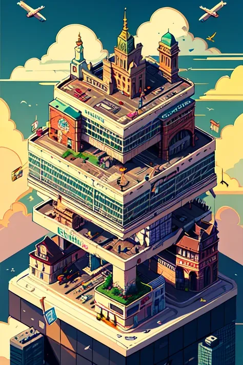 Isometric, outdoors, sky, cloud, no humans, building, scenery, city, sign, aircraft, cityscape