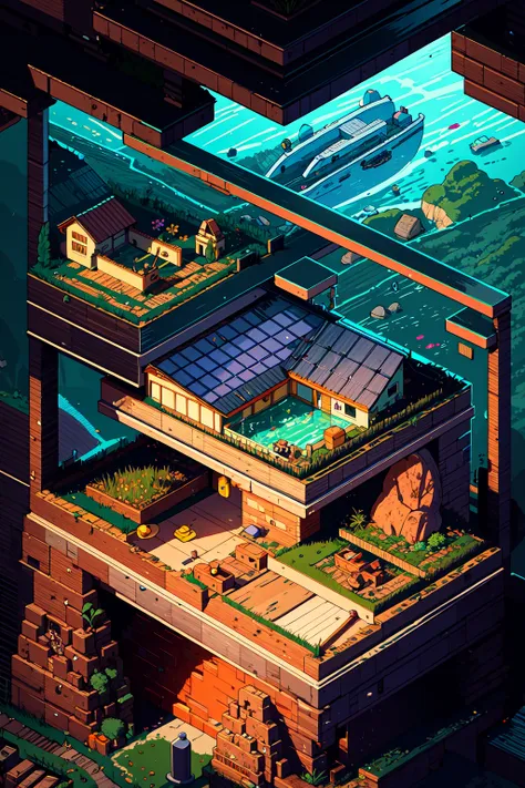 Isometric, outdoors,water, tree, no humans, plant, scenery, rock, stairs, watercraft, cave, wide shot, ultra sharp, best  illustration,  (zentangle, mandala, tangle, entangle:0.6), extreme light and shadow, bloom, shine, dynamic angle,