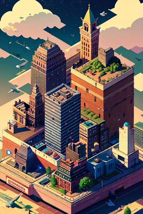 Isometric, outdoors, sky, cloud, no humans, building, scenery, city, sign, aircraft, cityscape