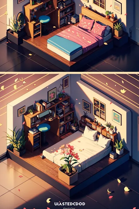 (masterpiece, best quality, ultra-detailed, highres, best illustration),(bloom), (shine), ray tracing,flower, indoors, tree, pillow, book, no humans, window, bed, chair, table, grass, plant, cherry blossoms, desk, skull, wooden floor, door, blanket, clock, bookshelf, potted plant, lamp, controller, bedroom, television, shelf, ladder,depth_of_field,,very detailed background,extreme light and shadow,(extremely detailed illustrated 8k wallpaper), vivid colors,(zentangle, mandala, tangle, entangle:0.6), extreme light and shadow, dynamic angle,