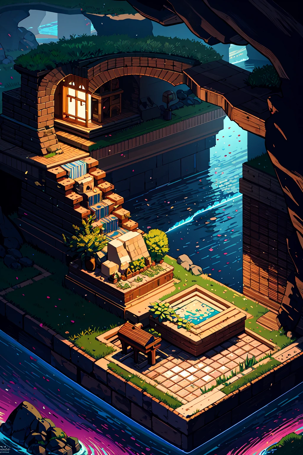 Isometric, outdoors,water, tree, no humans, plant, scenery, rock, stairs, watercraft, cave, wide shot, ultra sharp, best illustration, (zentangle, mandala, tangle, entangle:0.6), extreme light and shadow, bloom, shine, dynamic angle,