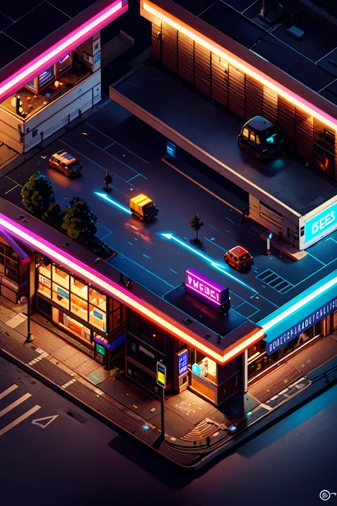 Isometric, outdoors, english text, no humans, window, night, shadow, ground vehicle, building, scenery, motor vehicle, sign, door, arrow (symbol), car, road, street, trash can, vending machine, wide shot, ultra sharp, best illustration, extreme light and shadow, bloom, shine, dynamic angle,