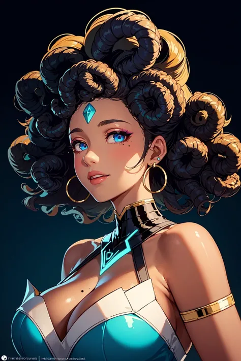 (masterpiece, best quality, ultra-detailed, highres, best illustration),perfect face,sidelighting, lustrous skin,(bloom), (shine), ray tracing,1girl, dark skin, dark-skinned female, solo, jewelry, very dark skin, earrings, mole, blue background, smile, looking at viewer, mole under mouth, black hair, blue eyes, curly hair, afro,  shoulders, makeup, eyeshadow, parted lips, star \(symbol\), watermark, hoop earrings,depth_of_field, city background,very detailed background,extreme light and shadow,beautiful detailed eyes, perfect lighting , perfect anatomy,(extremely detailed illustrated 8k wallpaper), vivid colors,(zentangle, mandala, tangle, entangle:0.6), extreme light and shadow, bloom, shine, dynamic angle,