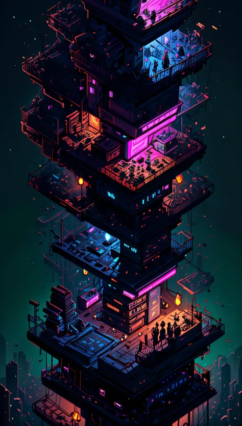 ((Best quality)), ((masterpiece)), (highly detailed:1.3), 3D,(Isometric:1.4),No Humans,StackedCityAI, Welcome to NeoCircuit, a sprawling megacity where neon-lit skyscrapers pierce the night sky and luminescent circuitry weaves through every facet of life. In this isometric cyberpunk metropolis, where reality intertwines with the digital realm, you find yourself at the heart of a thrilling conspiracy.As you navigate the dizzying streets, your eyes are drawn to the mesmerizing glow of the elevated data highways that crisscross the cityscape. Streams of vibrant light pulse with information, connecting the denizens of NeoCircuit to a world of limitless possibilities. The isometric view reveals the city's intricate layers, showcasing the bustling streets, towering arcologies, and clandestine alleyways that hide both secrets and opportunities.But within this neon-lit labyrinth, something sinister lurks in the shadows. The city's power brokers, elusive hackers, and corrupt corporations vie for control, employing advanced technology to manipulate the city's inhabitants. A powerful AI, known as the Oracle, pulls the strings from the depths of cyberspace, its true intentions veiled in enigma.You, an unlikely protagonist, possess unique skills that make you a target and a potential savior. Equipped with a cutting-edge neural implant and augmented reality interface, you possess the ability to unravel the city's mysteries and expose the truth behind NeoCircuit's dark underbelly. The isometric perspective captures the city's sprawling complexity, offering glimpses into hidden corners and secret hideouts, each holding clues to the grand puzzle that awaits.As you delve deeper into the neon-drenched underworld, you encounter a diverse cast of characters, each with their own motivations and agendas. Street-level hackers, rogue operatives, and enigmatic rebels become your allies and adversaries in this high-stakes game of survival. The isometric view allows you to strategize your every move, from navigating perilous rooftops to hacking into secure mainframes, as you gradually uncover a web of corruption that stretches far beyond what you initially imagined.Within the neon-infused cyberpunk tapestry of NeoCircuit, you will confront thrilling challenges and make choices that shape not only your own fate but also the destiny of the entire city. Will you expose the truth and ignite a revolution against the oppressors? Or succumb to the allure of power and become a puppet in the hands of those who manipulate the digital realm? The isometric view grants you a panoramic perspective, urging you to tread carefully as you decide which path to embrace,HDR (High Dynamic Range),Ray Tracing,NVIDIA RTX,Super-Resolution,Unreal 5,Subsurface scattering,PBR Texturing,Post-processing,Anisotropic Filtering,Depth-of-field,Maximum clarity and sharpness,Multi-layered textures,Albedo and Specular maps,Surface shading,Accurate simulation of light-material interaction,Perfect proportions,Octane Render,Two-tone lighting,Low ISO,White balance,Rule of thirds,Wide aperature,8K RAW,Efficient Sub-Pixel,sub-pixel convolution,luminescent particles <lora:StackedCityAI:0.75>