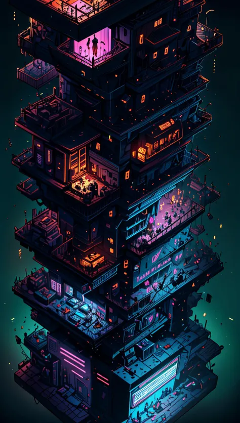 ((Best quality)), ((masterpiece)), (highly detailed:1.3), 3D,(Isometric:1.4),No Humans,StackedCityAI, Welcome to NeoCircuit, a sprawling megacity where neon-lit skyscrapers pierce the night sky and luminescent circuitry weaves through every facet of life. In this isometric cyberpunk metropolis, where reality intertwines with the digital realm, you find yourself at the heart of a thrilling conspiracy.As you navigate the dizzying streets, your eyes are drawn to the mesmerizing glow of the elevated data highways that crisscross the cityscape. Streams of vibrant light pulse with information, connecting the denizens of NeoCircuit to a world of limitless possibilities. The isometric view reveals the city's intricate layers, showcasing the bustling streets, towering arcologies, and clandestine alleyways that hide both secrets and opportunities.But within this neon-lit labyrinth, something sinister lurks in the shadows. The city's power brokers, elusive hackers, and corrupt corporations vie for control, employing advanced technology to manipulate the city's inhabitants. A powerful AI, known as the Oracle, pulls the strings from the depths of cyberspace, its true intentions veiled in enigma.You, an unlikely protagonist, possess unique skills that make you a target and a potential savior. Equipped with a cutting-edge neural implant and augmented reality interface, you possess the ability to unravel the city's mysteries and expose the truth behind NeoCircuit's dark underbelly. The isometric perspective captures the city's sprawling complexity, offering glimpses into hidden corners and secret hideouts, each holding clues to the grand puzzle that awaits.As you delve deeper into the neon-drenched underworld, you encounter a diverse cast of characters, each with their own motivations and agendas. Street-level hackers, rogue operatives, and enigmatic rebels become your allies and adversaries in this high-stakes game of survival. The isometric view allows you to strategize your every move, from navigating perilous rooftops to hacking into secure mainframes, as you gradually uncover a web of corruption that stretches far beyond what you initially imagined.Within the neon-infused cyberpunk tapestry of NeoCircuit, you will confront thrilling challenges and make choices that shape not only your own fate but also the destiny of the entire city. Will you expose the truth and ignite a revolution against the oppressors? Or succumb to the allure of power and become a puppet in the hands of those who manipulate the digital realm? The isometric view grants you a panoramic perspective, urging you to tread carefully as you decide which path to embrace,HDR (High Dynamic Range),Ray Tracing,NVIDIA RTX,Super-Resolution,Unreal 5,Subsurface scattering,PBR Texturing,Post-processing,Anisotropic Filtering,Depth-of-field,Maximum clarity and sharpness,Multi-layered textures,Albedo and Specular maps,Surface shading,Accurate simulation of light-material interaction,Perfect proportions,Octane Render,Two-tone lighting,Low ISO,White balance,Rule of thirds,Wide aperature,8K RAW,Efficient Sub-Pixel,sub-pixel convolution,luminescent particles <lora:StackedCityAI:0.75>