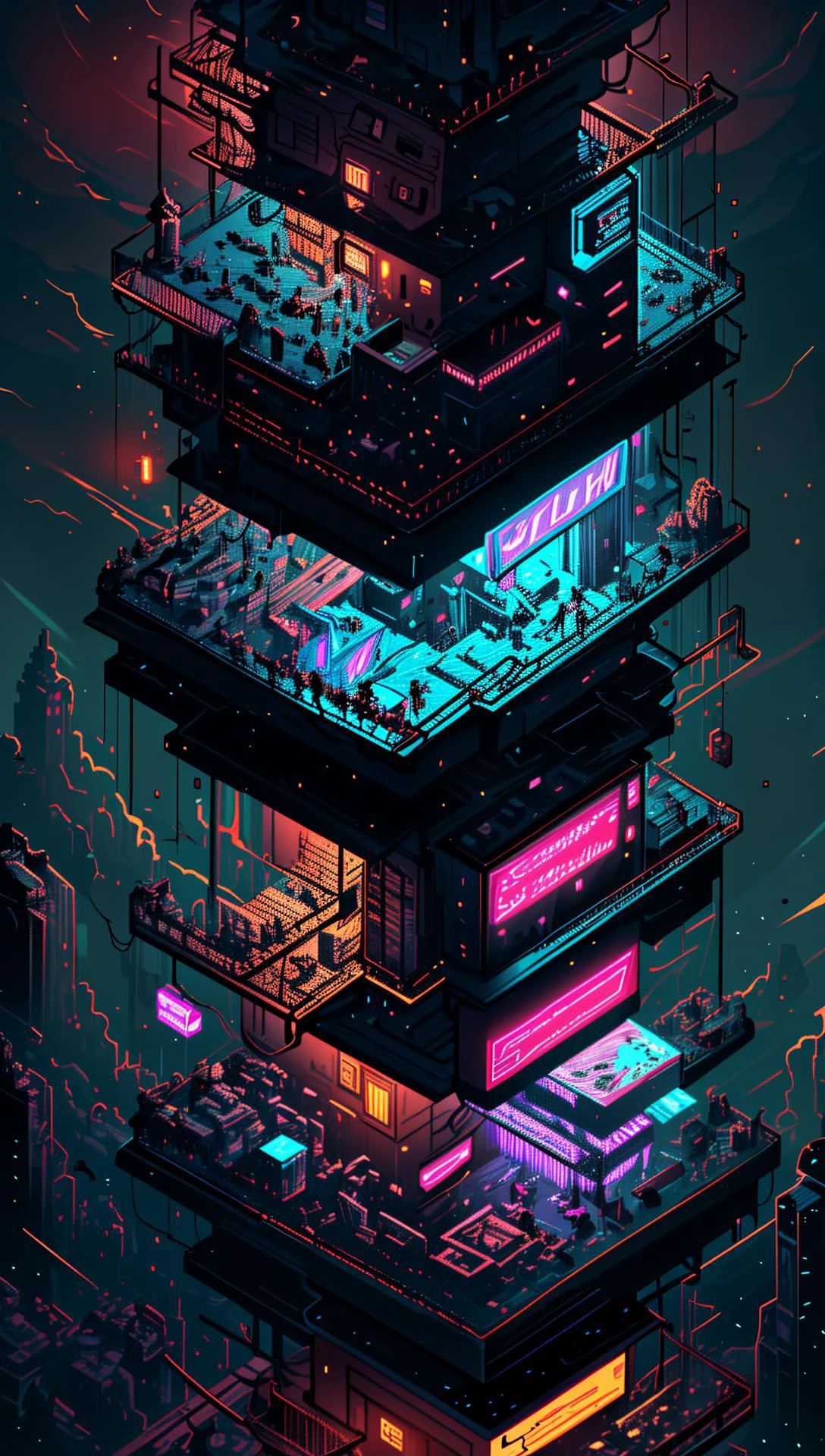 ((Best quality)), ((masterpiece)), (highly detailed:1.3), 3D,(Isometric:1.4),No Humans,StackedCityAI, Welcome to NeoCircuit, a sprawling megacity where neon-lit skyscrapers pierce the night sky and luminescent circuitry weaves through every facet of life. In this isometric cyberpunk metropolis, where reality intertwines with the digital realm, you find yourself at the heart of a thrilling conspiracy.As you navigate the dizzying streets, your eyes are drawn to the mesmerizing glow of the elevated data highways that crisscross the cityscape. Streams of vibrant light pulse with information, connecting the denizens of NeoCircuit to a world of limitless possibilities. The isometric view reveals the city's intricate layers, showcasing the bustling streets, towering arcologies, and clandestine alleyways that hide both secrets and opportunities.But within this neon-lit labyrinth, something sinister lurks in the shadows. The city's power brokers, elusive hackers, and corrupt corporations vie for control, employing advanced technology to manipulate the city's inhabitants. A powerful AI, known as the Oracle, pulls the strings from the depths of cyberspace, its true intentions veiled in enigma.You, an unlikely protagonist, possess unique skills that make you a target and a potential savior. Equipped with a cutting-edge neural implant and augmented reality interface, you possess the ability to unravel the city's mysteries and expose the truth behind NeoCircuit's dark underbelly. The isometric perspective captures the city's sprawling complexity, offering glimpses into hidden corners and secret hideouts, each holding clues to the grand puzzle that awaits.As you delve deeper into the neon-drenched underworld, you encounter a diverse cast of characters, each with their own motivations and agendas. Street-level hackers, rogue operatives, and enigmatic rebels become your allies and adversaries in this high-stakes game of survival. The isometric view allows you to strategize your every move, from navigating perilous rooftops to hacking into secure mainframes, as you gradually uncover a web of corruption that stretches far beyond what you initially imagined.Within the neon-infused cyberpunk tapestry of NeoCircuit, you will confront thrilling challenges and make choices that shape not only your own fate but also the destiny of the entire city. Will you expose the truth and ignite a revolution against the oppressors? Or succumb to the allure of power and become a puppet in the hands of those who manipulate the digital realm? The isometric view grants you a panoramic perspective, urging you to tread carefully as you decide which path to embrace,HDR (High Dynamic Range),Ray Tracing,NVIDIA RTX,Super-Resolution,Unreal 5,Subsurface scattering,PBR Texturing,Post-processing,Anisotropic Filtering,Depth-of-field,Maximum clarity and sharpness,Multi-layered textures,Albedo and Specular maps,Surface shading,Accurate simulation of light-material interaction,Perfect proportions,Octane Render,Two-tone lighting,Low ISO,White balance,Rule of thirds,Wide aperature,8K RAW,Efficient Sub-Pixel,sub-pixel convolution,luminescent particles <lora:StackedCityAI:0.75>