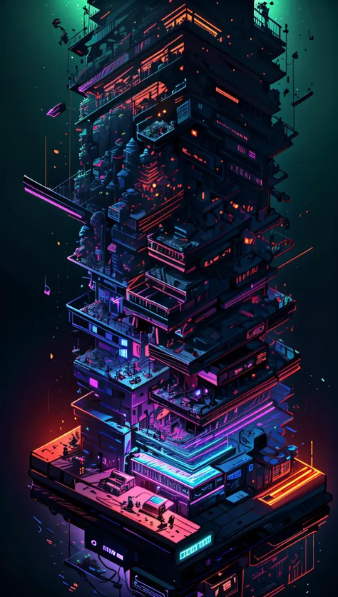 ((Best quality)), ((masterpiece)), (highly detailed:1.3), 3D,(Isometric:1.4),No Humans,StackedCityAI, Welcome to NeoCircuit, a sprawling megacity where neon-lit skyscrapers pierce the night sky and luminescent circuitry weaves through every facet of life. In this isometric cyberpunk metropolis, where reality intertwines with the digital realm, you find yourself at the heart of a thrilling conspiracy.As you navigate the dizzying streets, your eyes are drawn to the mesmerizing glow of the elevated data highways that crisscross the cityscape. Streams of vibrant light pulse with information, connecting the denizens of NeoCircuit to a world of limitless possibilities. The isometric view reveals the city's intricate layers, showcasing the bustling streets, towering arcologies, and clandestine alleyways that hide both secrets and opportunities.But within this neon-lit labyrinth, something sinister lurks in the shadows. The city's power brokers, elusive hackers, and corrupt corporations vie for control, employing advanced technology to manipulate the city's inhabitants. A powerful AI, known as the Oracle, pulls the strings from the depths of cyberspace, its true intentions veiled in enigma.You, an unlikely protagonist, possess unique skills that make you a target and a potential savior. Equipped with a cutting-edge neural implant and augmented reality interface, you possess the ability to unravel the city's mysteries and expose the truth behind NeoCircuit's dark underbelly. The isometric perspective captures the city's sprawling complexity, offering glimpses into hidden corners and secret hideouts, each holding clues to the grand puzzle that awaits.As you delve deeper into the neon-drenched underworld, you encounter a diverse cast of characters, each with their own motivations and agendas. Street-level hackers, rogue operatives, and enigmatic rebels become your allies and adversaries in this high-stakes game of survival. The isometric view allows you to strategize your every move, from navigating perilous rooftops to hacking into secure mainframes, as you gradually uncover a web of corruption that stretches far beyond what you initially imagined.Within the neon-infused cyberpunk tapestry of NeoCircuit, you will confront thrilling challenges and make choices that shape not only your own fate but also the destiny of the entire city. Will you expose the truth and ignite a revolution against the oppressors? Or succumb to the allure of power and become a puppet in the hands of those who manipulate the digital realm? The isometric view grants you a panoramic perspective, urging you to tread carefully as you decide which path to embrace,HDR (High Dynamic Range),Ray Tracing,NVIDIA RTX,Super-Resolution,Unreal 5,Subsurface scattering,PBR Texturing,Post-processing,Anisotropic Filtering,Depth-of-field,Maximum clarity and sharpness,Multi-layered textures,Albedo and Specular maps,Surface shading,Accurate simulation of light-material interaction,Perfect proportions,Octane Render,Two-tone lighting,Low ISO,White balance,Rule of thirds,Wide aperature,8K RAW,Efficient Sub-Pixel,sub-pixel convolution,luminescent particles <lora:StackedCityAI:0.75>