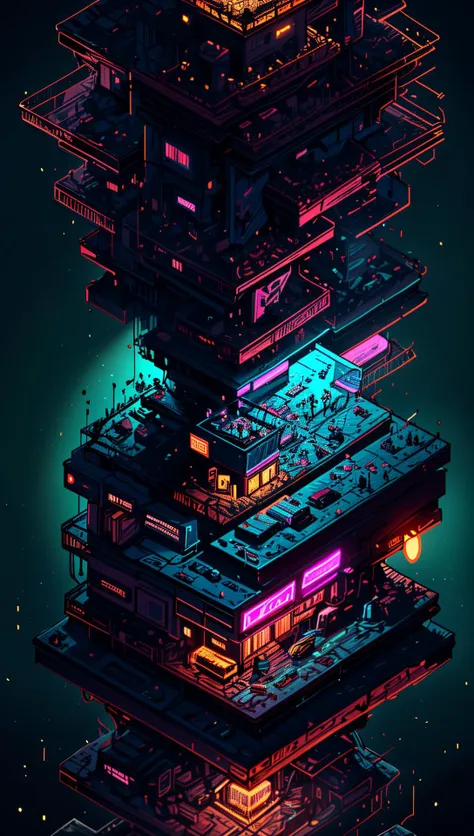 ((Best quality)), ((masterpiece)), (highly detailed:1.3), 3D,(Isometric:1.4),No Humans,StackedCityAI, Welcome to NeoCircuit, a sprawling megacity where neon-lit skyscrapers pierce the night sky and luminescent circuitry weaves through every facet of life. In this isometric cyberpunk metropolis, where reality intertwines with the digital realm, you find yourself at the heart of a thrilling conspiracy.As you navigate the dizzying streets, your eyes are drawn to the mesmerizing glow of the elevated data highways that crisscross the cityscape. Streams of vibrant light pulse with information, connecting the denizens of NeoCircuit to a world of limitless possibilities. The isometric view reveals the city's intricate layers, showcasing the bustling streets, towering arcologies, and clandestine alleyways that hide both secrets and opportunities.But within this neon-lit labyrinth, something sinister lurks in the shadows. The city's power brokers, elusive hackers, and corrupt corporations vie for control, employing advanced technology to manipulate the city's inhabitants. A powerful AI, known as the Oracle, pulls the strings from the depths of cyberspace, its true intentions veiled in enigma.You, an unlikely protagonist, possess unique skills that make you a target and a potential savior. Equipped with a cutting-edge neural implant and augmented reality interface, you possess the ability to unravel the city's mysteries and expose the truth behind NeoCircuit's dark underbelly. The isometric perspective captures the city's sprawling complexity, offering glimpses into hidden corners and secret hideouts, each holding clues to the grand puzzle that awaits.As you delve deeper into the neon-drenched underworld, you encounter a diverse cast of characters, each with their own motivations and agendas. Street-level hackers, rogue operatives, and enigmatic rebels become your allies and adversaries in this high-stakes game of survival. The isometric view allows you to strategize your every move, from navigating perilous rooftops to hacking into secure mainframes, as you gradually uncover a web of corruption that stretches far beyond what you initially imagined.Within the neon-infused cyberpunk tapestry of NeoCircuit, you will confront thrilling challenges and make choices that shape not only your own fate but also the destiny of the entire city. Will you expose the truth and ignite a revolution against the oppressors? Or succumb to the allure of power and become a puppet in the hands of those who manipulate the digital realm? The isometric view grants you a panoramic perspective, urging you to tread carefully as you decide which path to embrace,HDR (High Dynamic Range),Ray Tracing,NVIDIA RTX,Super-Resolution,Unreal 5,Subsurface scattering,PBR Texturing,Post-processing,Anisotropic Filtering,Depth-of-field,Maximum clarity and sharpness,Multi-layered textures,Albedo and Specular maps,Surface shading,Accurate simulation of light-material interaction,Perfect proportions,Octane Render,Two-tone lighting,Low ISO,White balance,Rule of thirds,Wide aperature,8K RAW,Efficient Sub-Pixel,sub-pixel convolution,luminescent particles <lora:StackedCityAI:0.75>