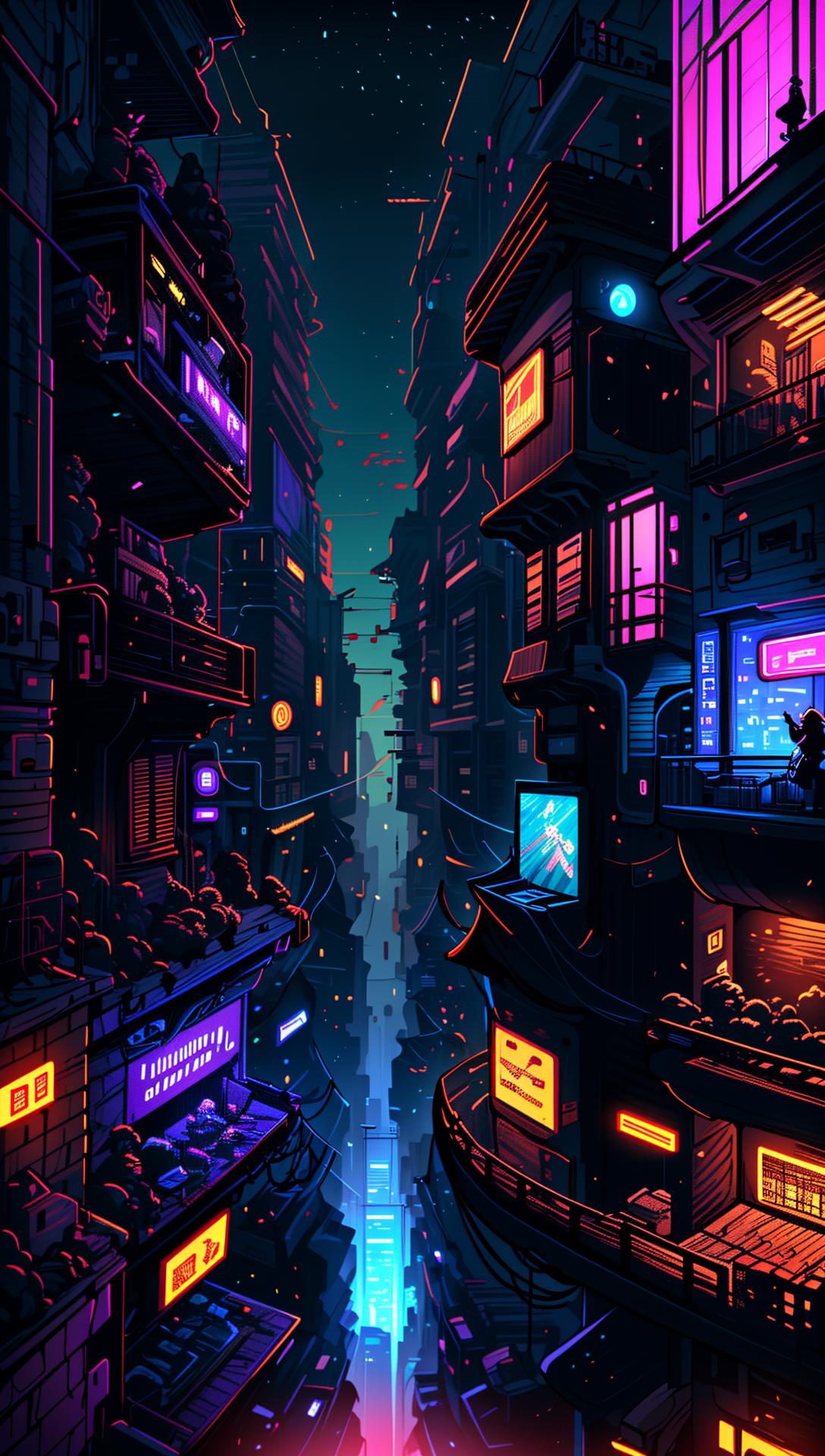 A city street with neon lights and buildings at night - SeaArt AI