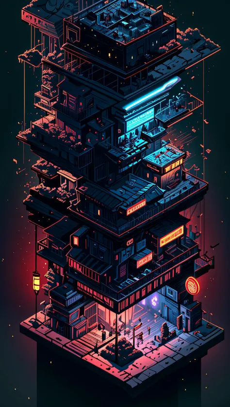 ((Best quality)), ((masterpiece)), (highly detailed:1.3), 3D,(Isometric:1.4),No Humans,StackedCityAI, Welcome to NeoCircuit, a sprawling megacity where neon-lit skyscrapers pierce the night sky and luminescent circuitry weaves through every facet of life. In this isometric cyberpunk metropolis, where reality intertwines with the digital realm, you find yourself at the heart of a thrilling conspiracy.As you navigate the dizzying streets, your eyes are drawn to the mesmerizing glow of the elevated data highways that crisscross the cityscape. Streams of vibrant light pulse with information, connecting the denizens of NeoCircuit to a world of limitless possibilities. The isometric view reveals the city's intricate layers, showcasing the bustling streets, towering arcologies, and clandestine alleyways that hide both secrets and opportunities.But within this neon-lit labyrinth, something sinister lurks in the shadows. The city's power brokers, elusive hackers, and corrupt corporations vie for control, employing advanced technology to manipulate the city's inhabitants. A powerful AI, known as the Oracle, pulls the strings from the depths of cyberspace, its true intentions veiled in enigma.You, an unlikely protagonist, possess unique skills that make you a target and a potential savior. Equipped with a cutting-edge neural implant and augmented reality interface, you possess the ability to unravel the city's mysteries and expose the truth behind NeoCircuit's dark underbelly. The isometric perspective captures the city's sprawling complexity, offering glimpses into hidden corners and secret hideouts, each holding clues to the grand puzzle that awaits.As you delve deeper into the neon-drenched underworld, you encounter a diverse cast of characters, each with their own motivations and agendas. Street-level hackers, rogue operatives, and enigmatic rebels become your allies and adversaries in this high-stakes game of survival. The isometric view allows you to strategize your every move, from navigating perilous rooftops to hacking into secure mainframes, as you gradually uncover a web of corruption that stretches far beyond what you initially imagined.Within the neon-infused cyberpunk tapestry of NeoCircuit, you will confront thrilling challenges and make choices that shape not only your own fate but also the destiny of the entire city. Will you expose the truth and ignite a revolution against the oppressors? Or succumb to the allure of power and become a puppet in the hands of those who manipulate the digital realm? The isometric view grants you a panoramic perspective, urging you to tread carefully as you decide which path to embrace,HDR (High Dynamic Range),Ray Tracing,NVIDIA RTX,Super-Resolution,Unreal 5,Subsurface scattering,PBR Texturing,Post-processing,Anisotropic Filtering,Depth-of-field,Maximum clarity and sharpness,Multi-layered textures,Albedo and Specular maps,Surface shading,Accurate simulation of light-material interaction,Perfect proportions,Octane Render,Two-tone lighting,Low ISO,White balance,Rule of thirds,Wide aperature,8K RAW,Efficient Sub-Pixel,sub-pixel convolution,luminescent particles <lora:StackedCityAI:0.75>