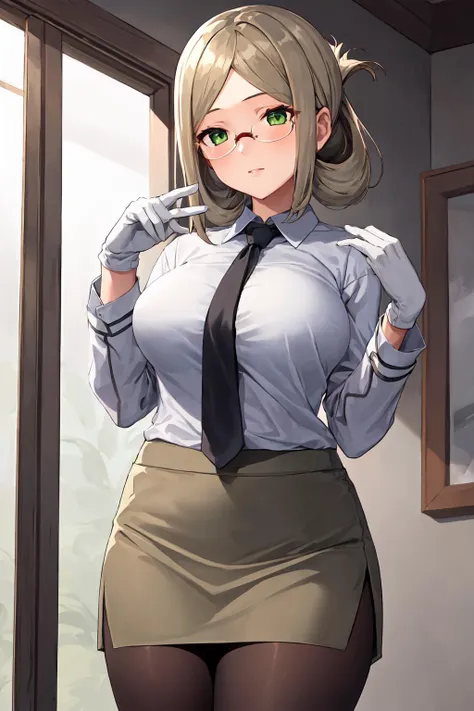 <lora:KatoriKancolle:1>, 1girl, solo,
katori \(kancolle\), brown hair, folded ponytail, parted bangs, green eyes, glasses, rimless eyewear,
grey shirt, collared shirt, long sleeves, black necktie, white gloves, grey skirt, miniskirt, pencil skirt, black pantyhose,
indoors,