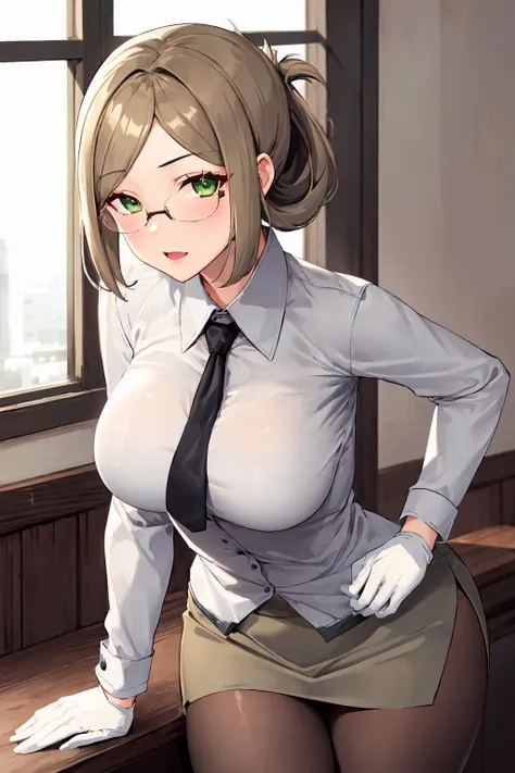 <lora:KatoriKancolle:1>, 1girl, solo,
katori \(kancolle\), brown hair, folded ponytail, parted bangs, green eyes, glasses, rimless eyewear,
grey shirt, collared shirt, long sleeves, black necktie, white gloves, grey skirt, miniskirt, pencil skirt, black pantyhose,
indoors,