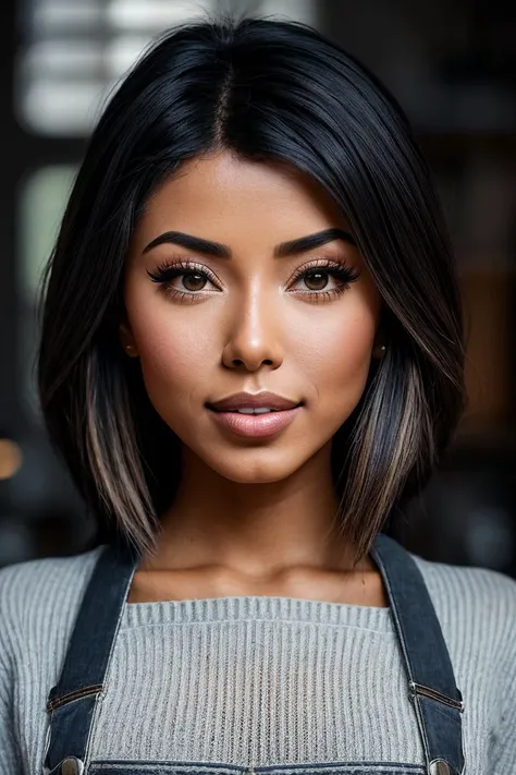 photo of beautiful (jennachar1ette:0.99), a woman in a (workshop:1.1), perfect hair, wearing (overalls:1.2), (sweater), modelshoot style, (extremely detailed CG unity 8k wallpaper), professional majestic (photography by joel meyerowitz:1.1), (Pentax K1000 Camera), 24mm, exposure blend, hdr, faded, extremely intricate, High Detail, Sharp focus, dramatic, soft cinematic light, (looking at viewer), (detailed pupils), cute smile, 24mm, 4k textures, soft cinematic light, adobe lightroom, photolab, elegant, ((((cinematic look)))), soothing tones, insane details, hyperdetailed, low contrast, sfw