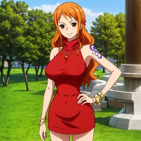 4k,hd,8k,cg,anime chisato,nami,solo, orange hair,brown eyes,long hair, jewelry,tattoo,bracelet, earrings, red dress,red sleeveless,red turtleneck,red sleeveless turtleneck dress,red miniskirt, bare shoulders,large breasts,cowboy shot,standing,lower body,outdoors,smile,closed mouth,blush, <lora:NamiFilmOutfit:0.7>