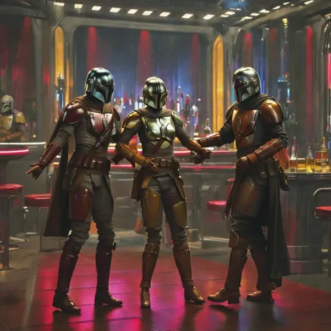mandalorian couple on a date, at the night club, dancing, disco, drinks, match.com, MNDLR, MNDLR STYLE, highres, masterpiece, 8k, 4k, <lora:mndlr:1>