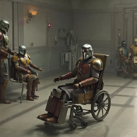 mandalorian  nursing home, old mandalorians, a mandalorian wheelchair, MNDLR, MNDLR STYLE, old man, mandalorian medicare, using a cane and a walker, nobody visits him, very frustrated, just brokeup with his girlfriend, sad and lonely, highres, masterpiece, 8k, 4k, <lora:mndlr:1>
